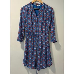 Daniel Rainn Womens Dress Size S Blue Red White Print 3/4 Sleeve‎ Drawstring
